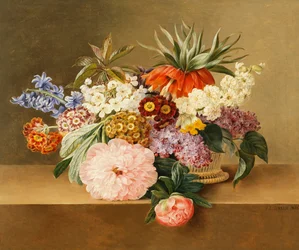 Iris, Sering, Primulae, Bloesem en Pioenen in een Mand