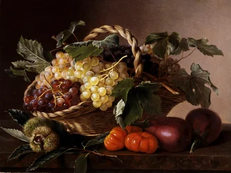 Stilleven van aubergines, tomaten, kastanjes en druiven. Schilderij van Johan Laurentz Jensen (1800-1856) Privécollectie.