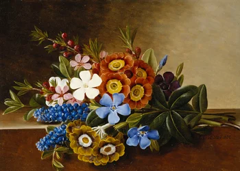 Periwinkle, Auricula en Druifhyacinten op een Marmeren Rand, 1882