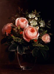 Rozen en boomanemoon in een glazen vaas. Peinture de Johan Laurentz Jensen (1800-1856 Deense) Collection privee