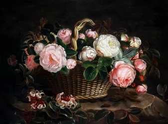 Stilleven van rozen en kamperfoelie. Peinture de Johan Laurentz Jensen (1800-1856/Deens) Particuliere collectie