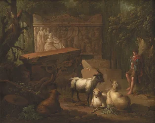 Antieke ruïnes omgeven door bomen, op de voorgrond een herder en enkele geiten