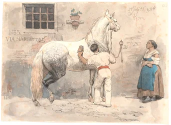Een grijs gevlekte paard wordt geborsteld in Via Margutta