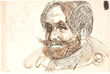 Portret van een bebaarde man in een jas en studie van een zittende vrouw