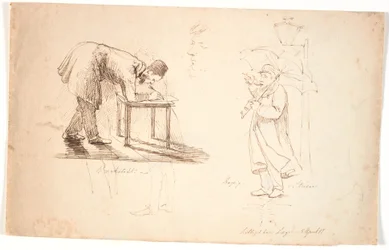 Studieblad, links de kunstenaar zelf, voorovergebogen, tekenend op een krukje of een kleine tafel. Bovenaan twee studies van een officier en een heer in een jurk. In het midden studiehoofd, zelfportret. Rechts staat de kunstenaar met paraplu op straat bij 