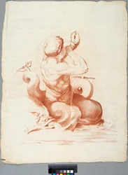 Academietekening. Detail van een plafonddecoratie met Peleus en Thetis in de Galleria Farnese, Rome, Triton die op een schelp blaast