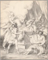 Achilles in bedwang gehouden door Athena in Agamemnons tent, uit Ilias, Boek I