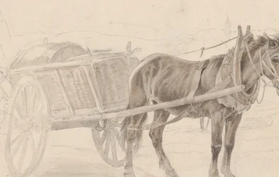 Een kar getrokken door een bruine paard bij een lantaarnpaal, Verso: Een groep bereden officieren, ca. 1815