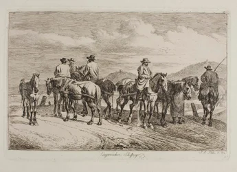 Hongaarse paarden en ruiters klaar om een boot stroomopwaarts te trekken