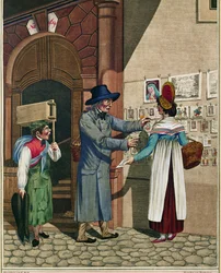 Een verkoper van populaire ballades en prenten, een schoenmakersleerling, uit een serie Weense Types rond 1810 ...