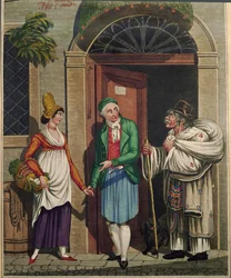 Kok en butler met Kroatische handelaars die linnen verkopen, uit een serie Weense ...