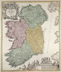 Kaart van Ierland met de provincies Ulster, Munster, Connaught en Leinster, door Johann B. Homann, ca. 1730