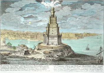 Vuurtoren van Alexandrië, gebouwd door Ptolemaeus de Grote, Egypte, uit Entwurf einer historischen Architektur, gegraveerd door Johann Adam Delsenbach, 1721