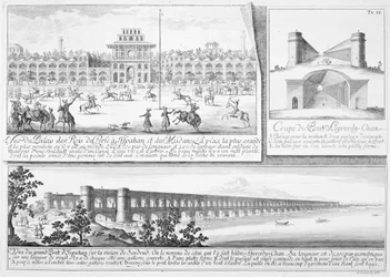 Het Koninklijk Paleis in Isfahan, een dwarsdoorsnede van de Alyverdy-Chan Isfahan Brug en een uitzicht op de Alyverdy-Chan Isfahan Brug, uit Entwurf einer historischen Architektur, gegraveerd door Johann Adam De