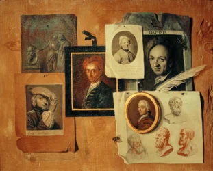 Quodlibet met portretten van tijdgenoten en antieke hoofden