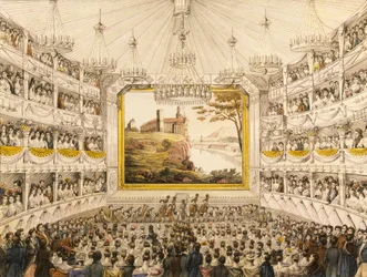 Oostenrijk, Wenen, Interieur van het Theater an der Wien, ingekleurde prent door J.C. Schoeller