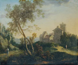 Ideaal landschap met bomen en versterkt dorp (De avond)