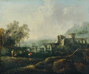 Ideaal landschap met rivier en brugruïne (De Morgen)