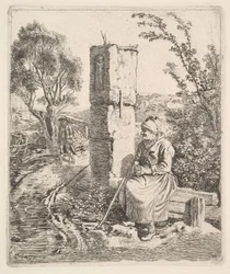 Een oude dame zittend bij een pilaar aan de kant van de weg, 1819