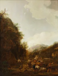 Berglandschap met herders en vee bij de drinkbak