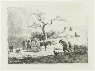 Winterlandschap met sleënde kinderen en verschillende treksleden