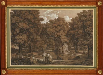 Arcadisch landschap met drie figuren bij een meer