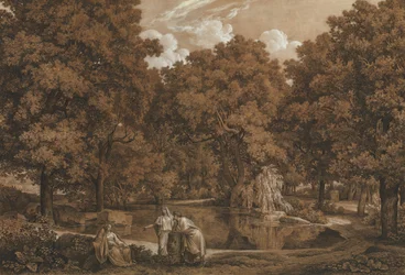 Arcadisch Landschap met Drie Figuren bij een Meer