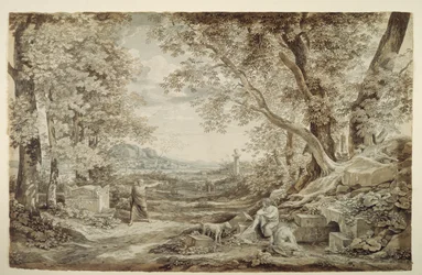 Landschap met antieke monumenten („De uitvinding van het Korinthische kapiteel“)