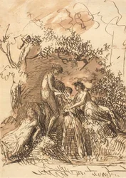 Jonge meisjes bij een fontein (recto); Fragment van schets van benen (verso)