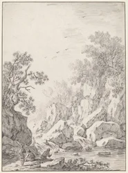 Een waterval bij rotskliffen, 1750s