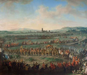 Intocht van keizer Franz I. Stephan en zijn zoon Joseph (II.) in Frankfurt op 29 maart 1764
