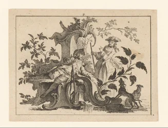 Pijprokende man met geweer en vrouw met twee honden op een rococo-ornament
