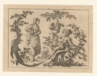 Pijprokende zittende man, naast hem een staande vrouw met kruik op een rococo-ornament