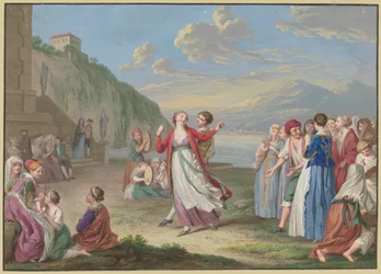 Italiaanse plattelandsbewoners vermaken zich aan de oever van het meer met spel en dans, met hoge bergen op de achtergrond