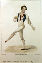 Portret van Monsieur Le Blond, een danser in het Haymarket Theatre, Londen, dansend met uitgestrekte arm en been, gegraveerd door R. Cooper