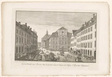 Gezicht op een vismarkt in Keulen met de Sint-Petruskerk
