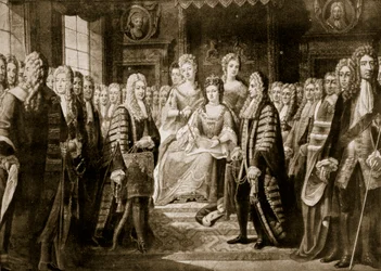 Artikelen van Unie gepresenteerd aan koningin Anne, 1706, illustratie uit 