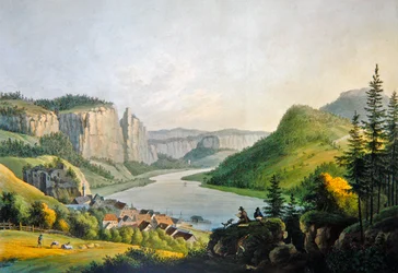 Uitzicht op Wehlen aan de Elbe nabij Konigstein in Saksen, gegraveerd door Johann-Friedrich Wizani (1770-1835)