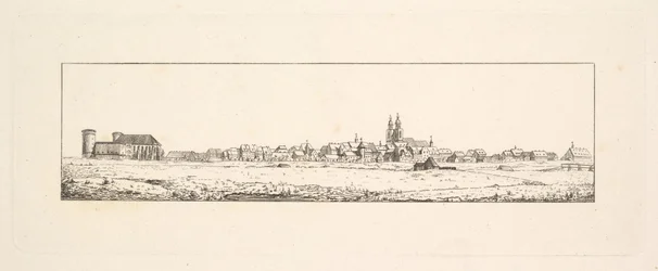 Zicht op een Oude Stad met een Kerk en Hoge Gevelhuizen
