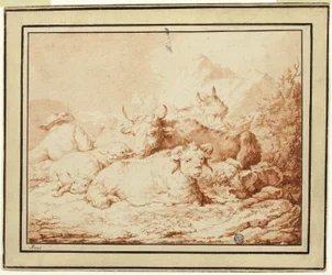 Vee en schapen met herder in rotsachtig landschap