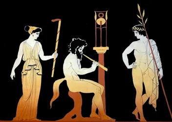 Bord met een gekroonde winnaar die luistert naar een Satyr die fluit speelt