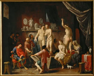 Een kunstenaarsatelier met vijf vrouwelijke modellen (schilderij op doek)