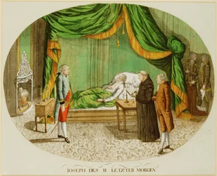 De laatste ochtend van keizer Jozef II (kleurengravure)
