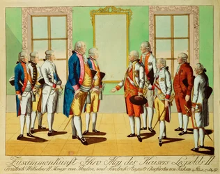 Ontmoeting van keizer Leopold II met koning Friedrich-Wilhelm III van Pruisen en keurvorst Friedrich August van Saksen in kasteel Pilnitz ... (gravure)