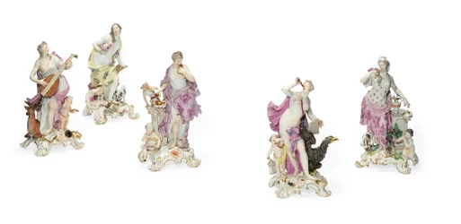 Vijf Meissen-figuren als zinnebeelden van de zintuigen, ca. 1765