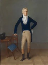 Portret van een blonde heer in volledig figuur in rijtuigkostuum, leunend op een stoel