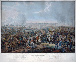Slag bij Leipzig (Volkerenslag), in oktober 1813. De Oostenrijkse veldmaarschalk Schwarzenberg (1771-1820) kondigt de overwinning van de geallieerden in de Slag bij Leipzig aan de Duitse keizer Frans II (= Frans I van Oostenrijk; 1768 - 1835) en de tsaar