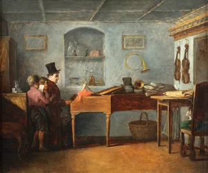 De schoolmeester met de jongens die vals zingen bij de piano