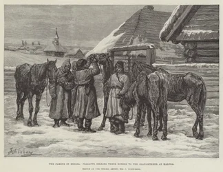 De hongersnood in Rusland, boeren verkopen hun paarden aan de slachter in Kaluga