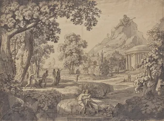 Klassiek landschap met een tempel, een reus op een berg